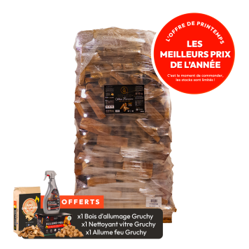 Bois de chauffage ULTRA PREMIUM Gruchy  (Taille au choix) + 1 sac de bois d'allumage 40 litres Gruchy OFFERT par commande
