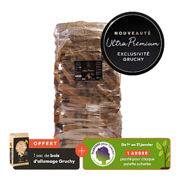 Bois de chauffage ULTRA PREMIUM Gruchy en palette (Taille au choix) + 1 sac de bois d'allumage 40 litres Gruchy OFFERT par commande