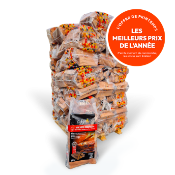 Sacs de Bûches Premium Crépito sur palette -  spéciales cuisson feu de bois